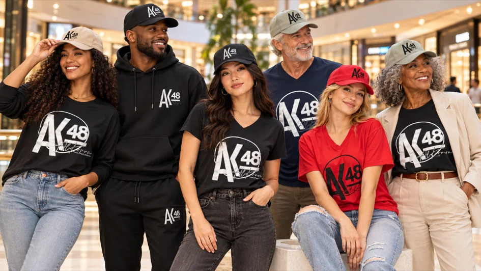 Six people wearing AK48 tees, a hoodie and caps